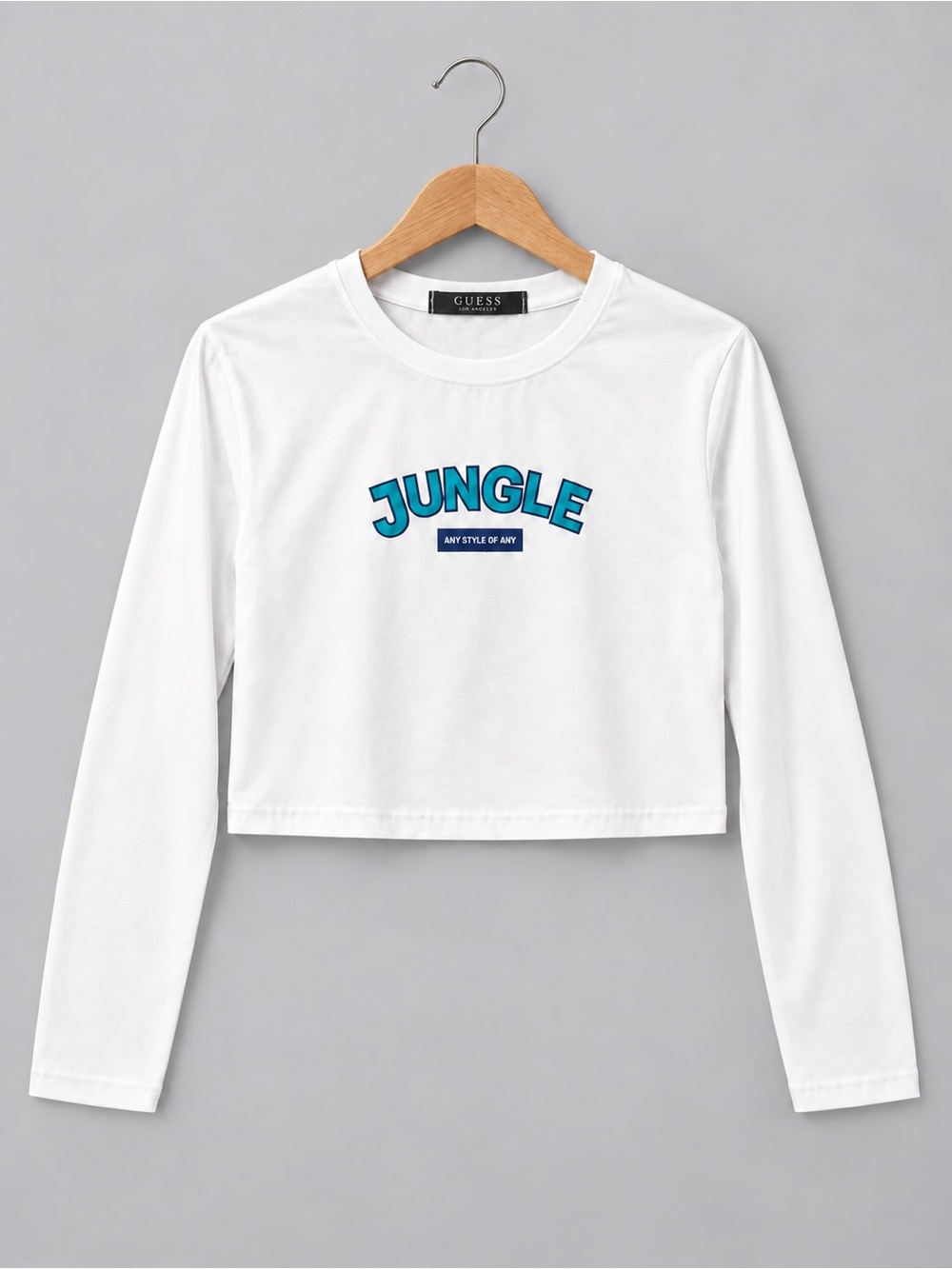 GUESS Los Angeles White Jungle Graphic Long Sleeve Crop Top Smiley Face